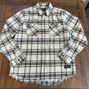 Troll Co. Denton Flannel LS Shirt Black Beige Plaid Pearl Snap Pocket Men’s L